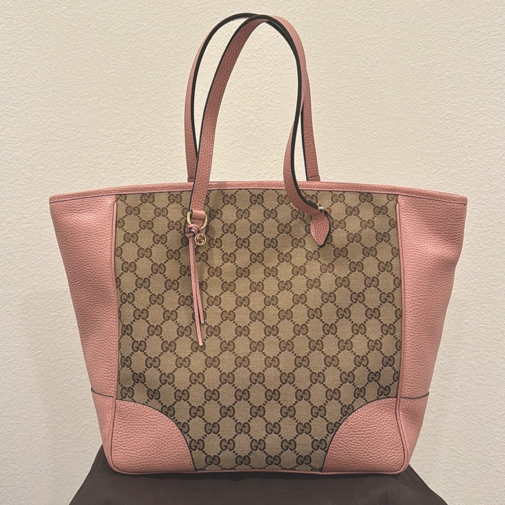 Gucci Breeline GG Canvas Tote Bag Shoulder Tote Leather Khaki Beige Pink